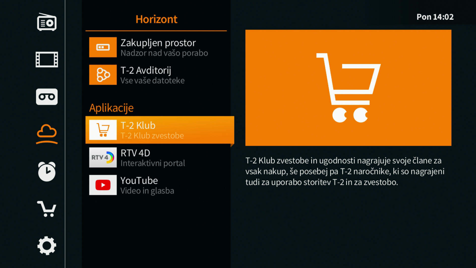 Dostop do T-2 Kluba je možen preko vmesnika na televiziji.