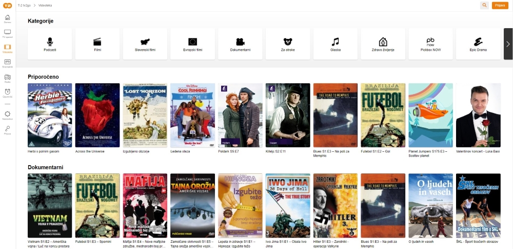 Prikaz videoteke iz aplikacije tv2go.